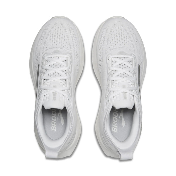 Pair of white running shoes on a white background