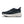 Medial side of navy running shoe with white sole on a white background.