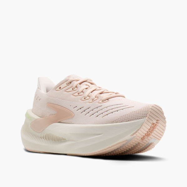 A single light pink and cream running shoe shown from a three-quarters angle on a clean white background.