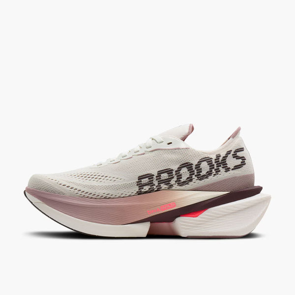 White running shoe with 'Brooks' branding on a white background