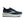 Navy running shoe with white sole on a white background