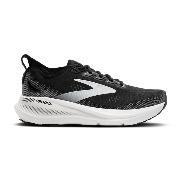 Black and white running shoe with 'Brooks' branding on a white background