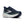 Navy running shoe with white sole on a white background