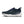 Navy running shoe with white sole on a white background