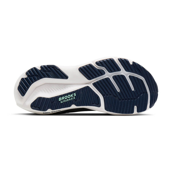 Navy and white running shoe sole with 'Brooks' branding on a white background