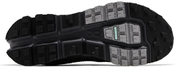 Close-up of a black and gray outsole of a shoe on a white background.