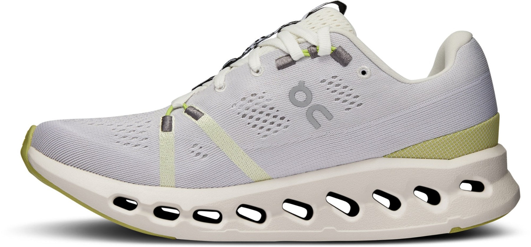 Medial view of the Women's Cloudsurfer by ON in the color White/Sand