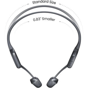 Gray neckband headphones with a size comparison label on a white background
