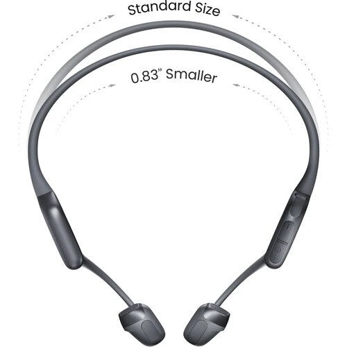 Gray neckband headphones with a size comparison label on a white background