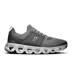 A gray On running shoe with a chunky white and gray CloudTec sole, shown on a white background.