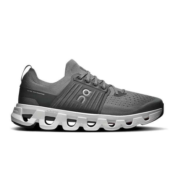 A gray On running shoe with a chunky white and gray CloudTec sole, shown on a white background.