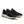 Black running shoe with white sole on a white background