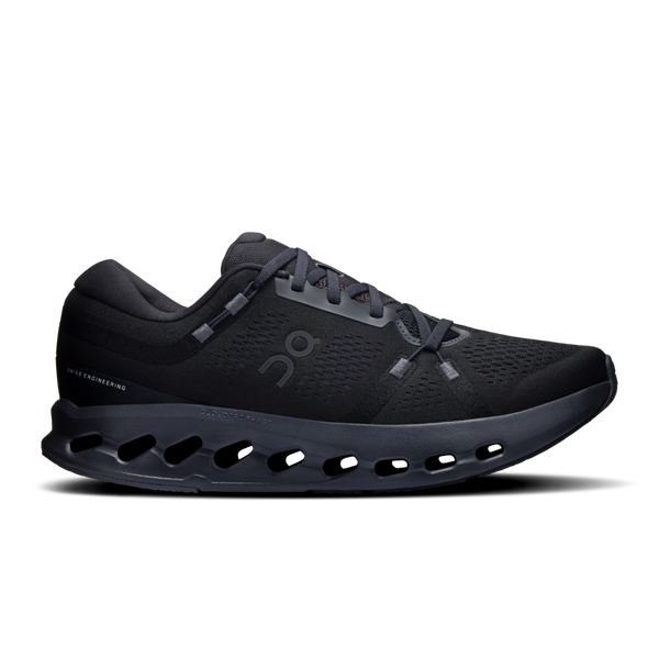 A pair of black On Cloudsurfer 2 running shoes for men, side view.