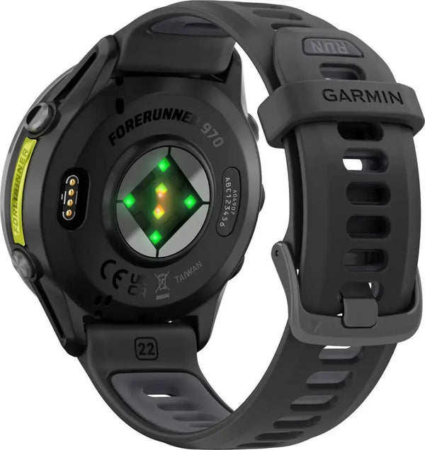 Garmin Forerunner 970 smartwatch with a black band on a white background