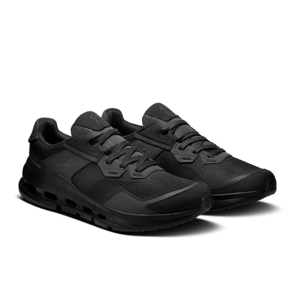 A pair of all black shoes from on called the CloudRift that has a very fashionable look.