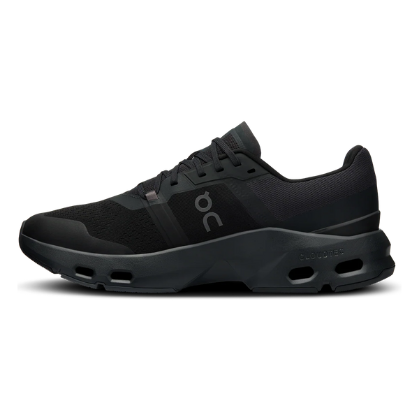 Black athletic shoe with 'on' logo on a white background.