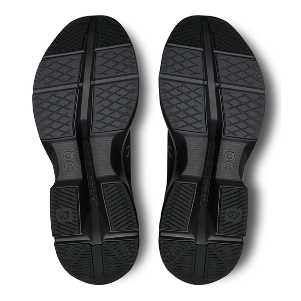 Black shoe soles with a textured pattern on a white background