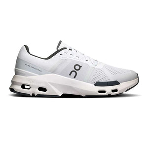Men's on White training adn gym shoe with black accents on a white background.