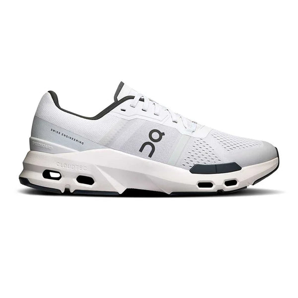 Men's on White training adn gym shoe with black accents on a white background.