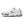The medial side of a white running shoe with black accents on a white background.