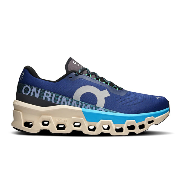 Men's Blue On running shoe with a white sole on a white background.