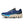 The medial side of a blue running shoe with a white midsole on a white background.