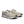 Pair of beige running shoes with white soles on a white background