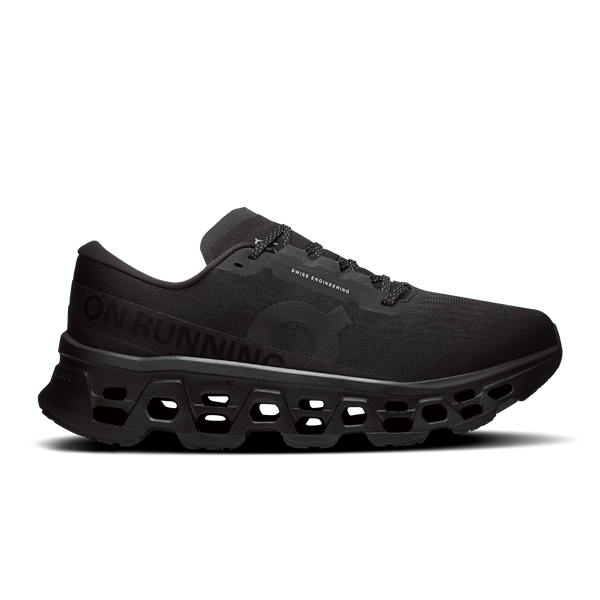 Black running shoe with 'On Running' branding on a white background