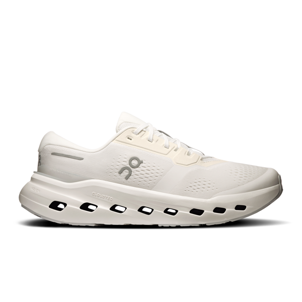 Mostly all white mens running shoe with On logo on a black background