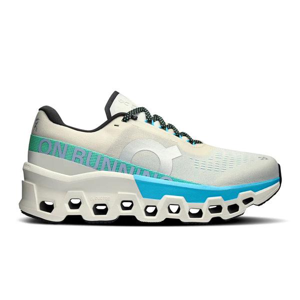 White On running shoe with blue sole on a white background.