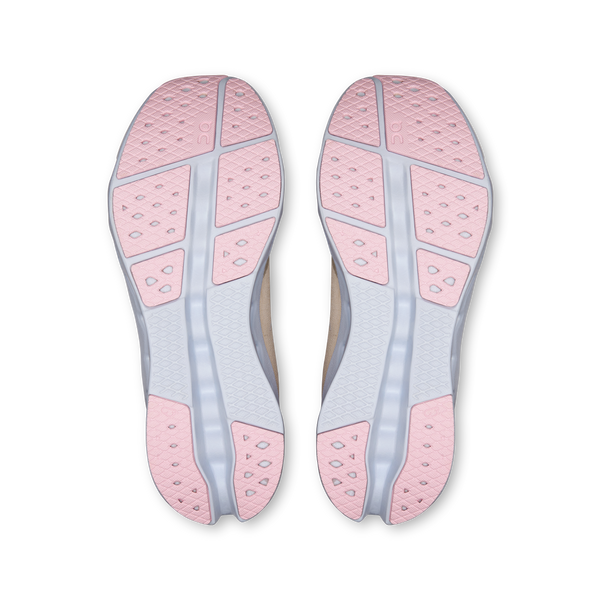 Sole view of pink and gray shoe soles on a white background
