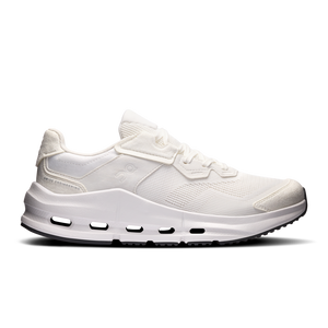 White sneaker with black swoosh logo on a black background