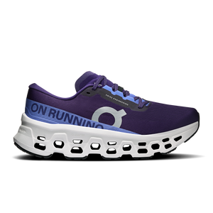 Purple running shoe with white sole on a white background