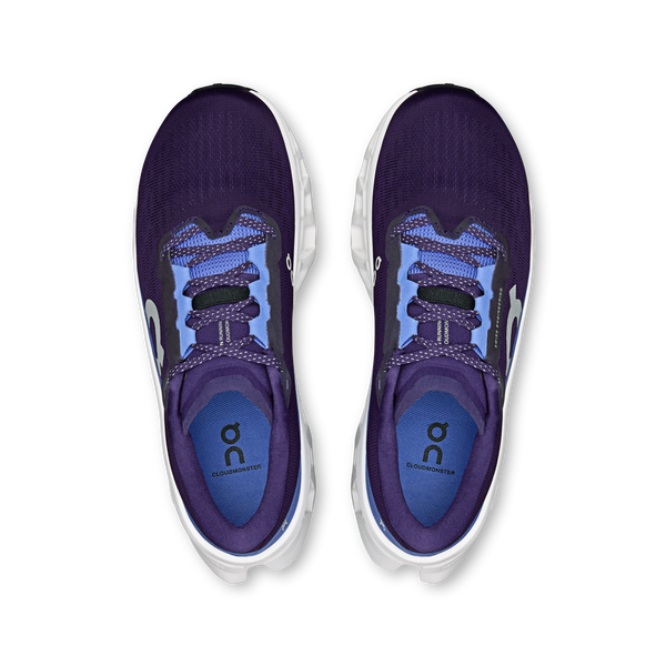 Pair of purple and white running shoes on a white background
