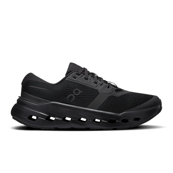 Black running shoe on a white background