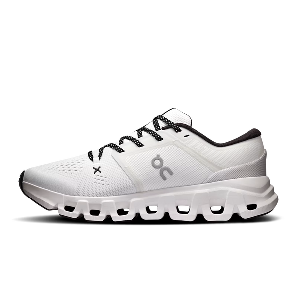 A white On running shoe with black laces, black accents, and a chunky white and black sole, shown in a side profile on a white background.