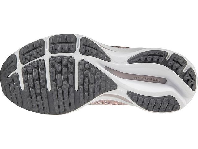 Bottom (outer sole) view of the Women's Mizuno Wave Rider 25 in the color Pale Lilac / White