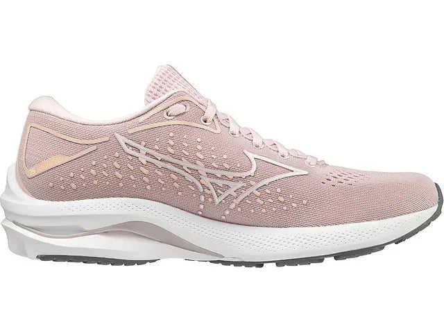 Lateral view of the Women's Mizuno Wave Rider 25 in the color Pale Lilac / White