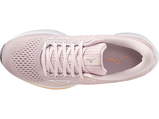 Top view of the Women's Mizuno Wave Rider 25 in the color Pale Lilac / White