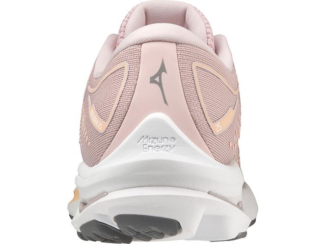 Back view of the Women's Mizuno Wave Rider 25 in the color Pale Lilac / White