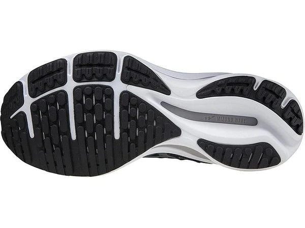 Bottom (outer sole) view of the Women's Mizuno Wave Rider 25 Wavenit in the color Black / Onyx