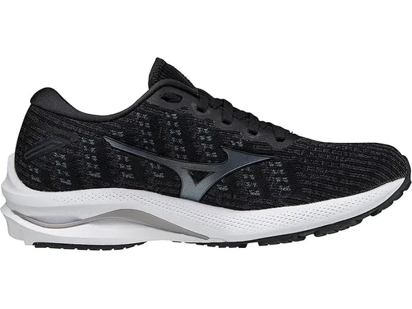 Lateral view of the Women's Mizuno Wave Rider 25 Wavenit in the color Black / Onyx