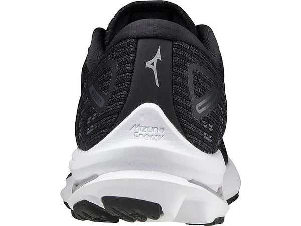 Back view of the Women's Mizuno Wave Rider 25 Wavenit in the color Black / Onyx