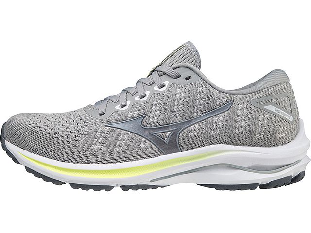 Medial view of the Women's Mizuno Wave Rider 25 Waveknit in the color Harbor Mist / Silver