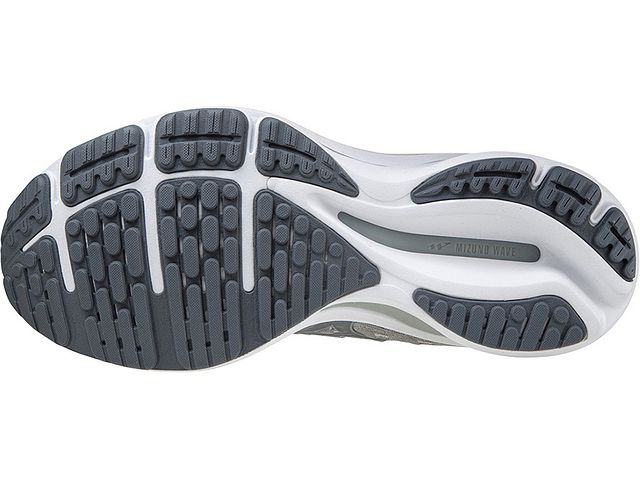 Bottom (outer sole) view of the Women's Mizuno Wave Rider 25 Waveknit in the color Harbor Mist / Silver