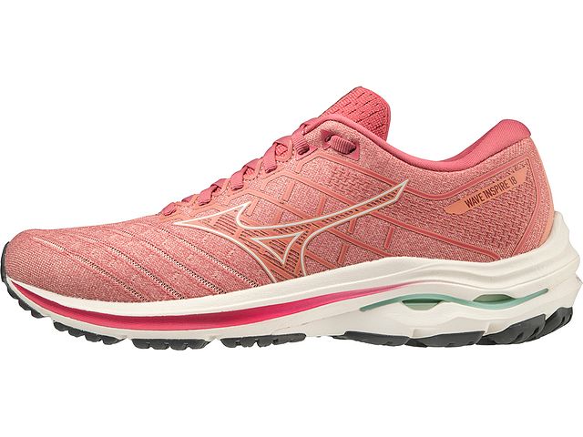 Medial view of the Women's Mizuno Inspire 18 in the color Rosette / Snow White