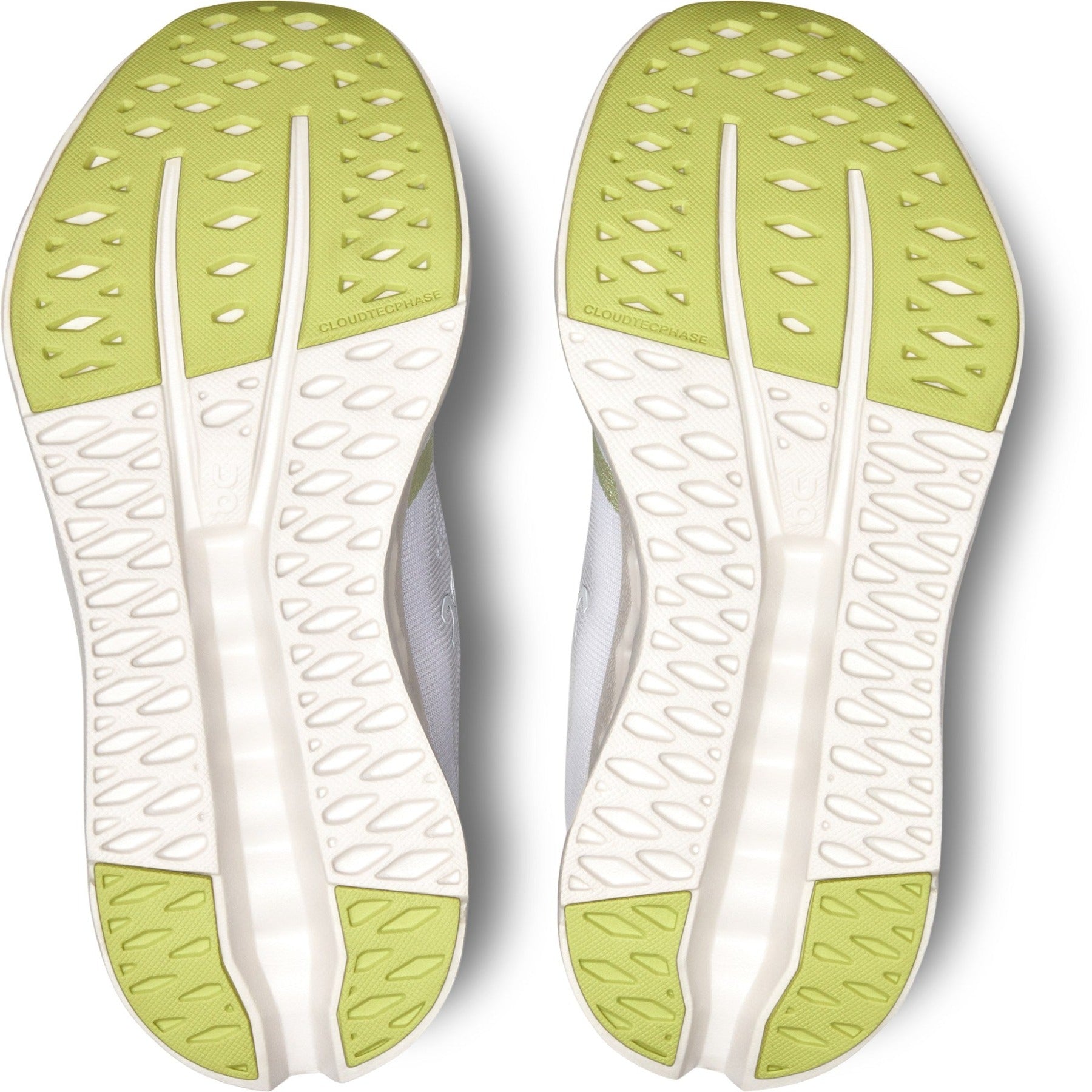 Bottom (outer sole) view of the Women's Cloudsurfer by ON in the color White/Sand