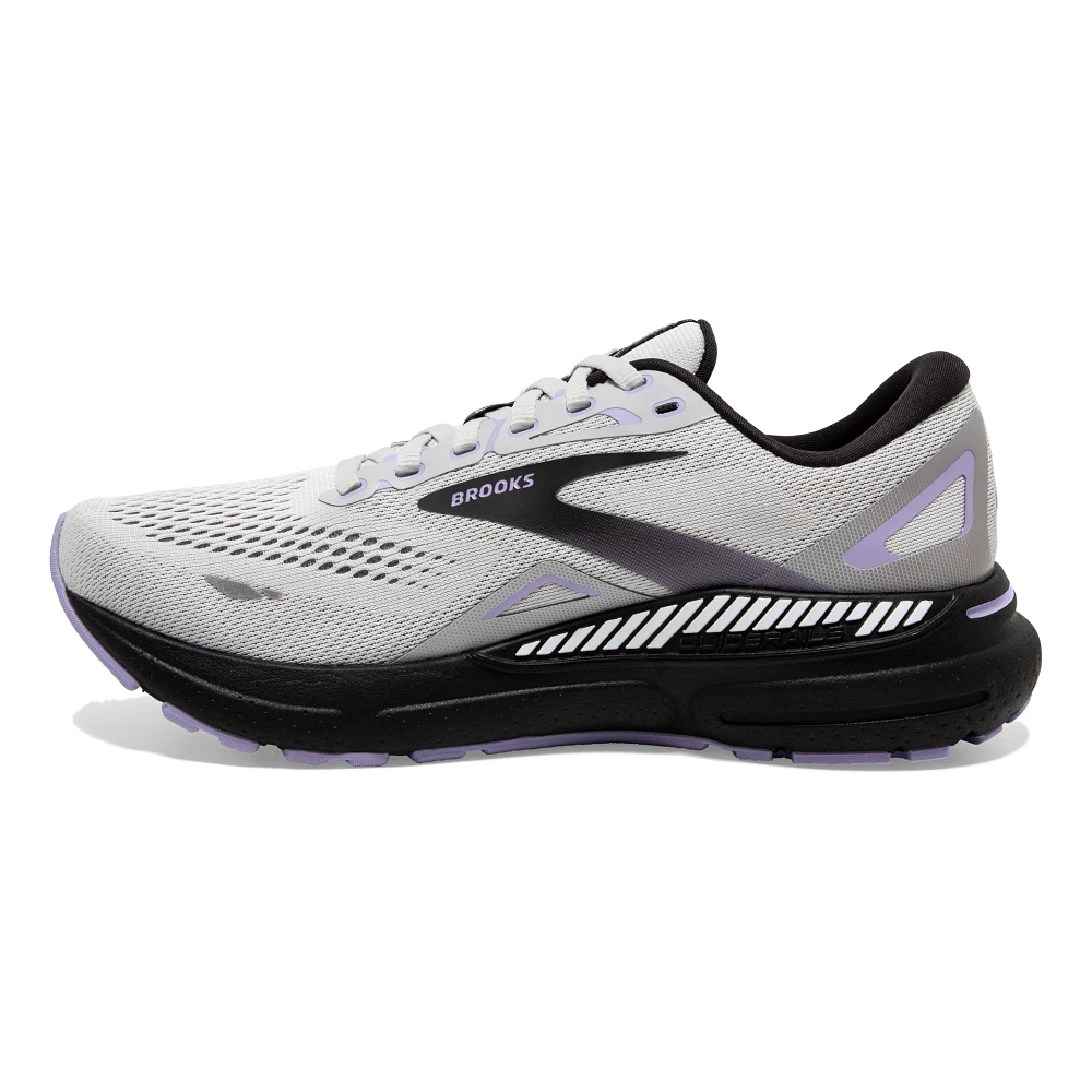 Medial view of the Women's Adrenaline GTS 23 by Brook's in the color Grey/Black/Purple