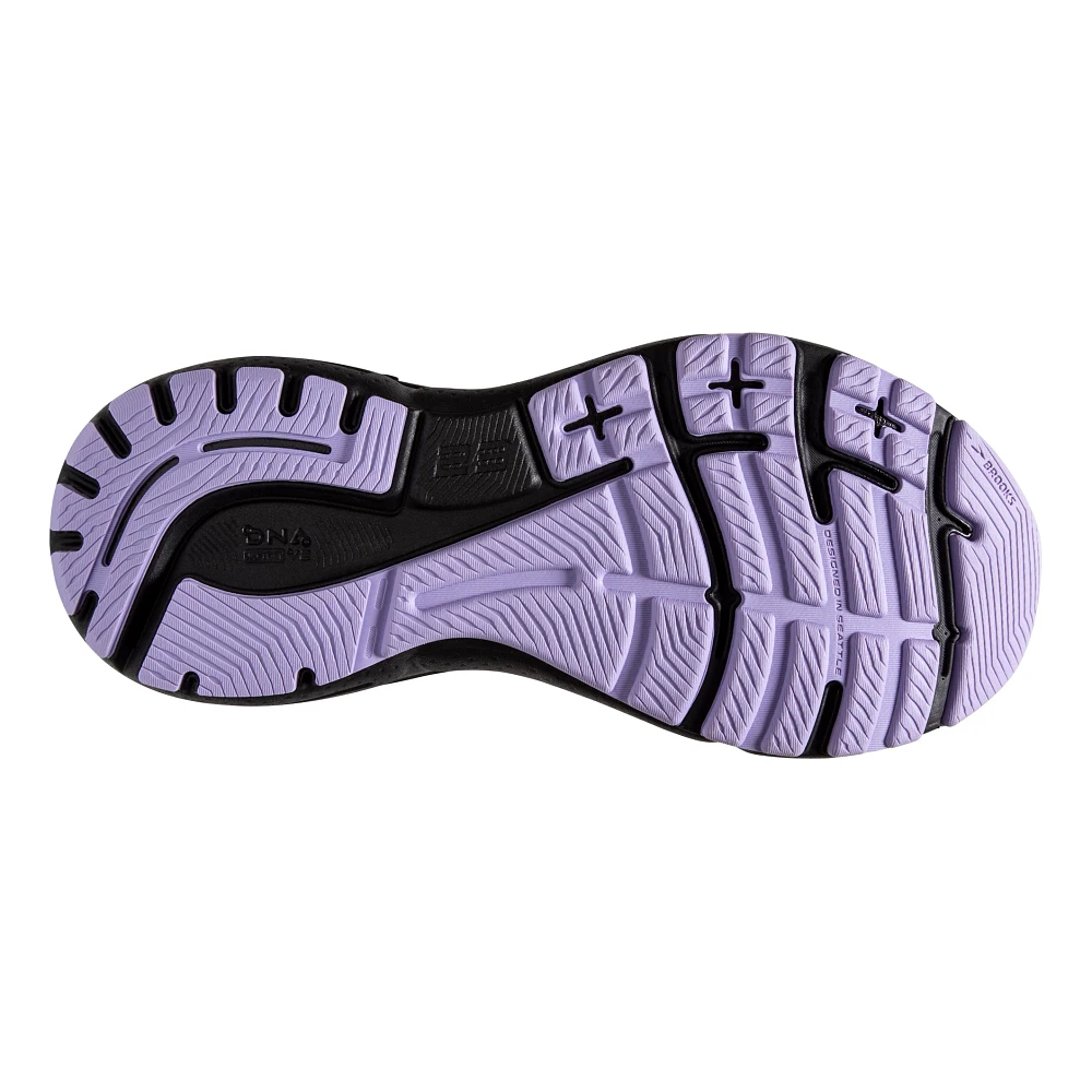 Bottom (outer sole) view of the Women's Adrenaline GTS in the wide D width, color Grey/Black/Purple