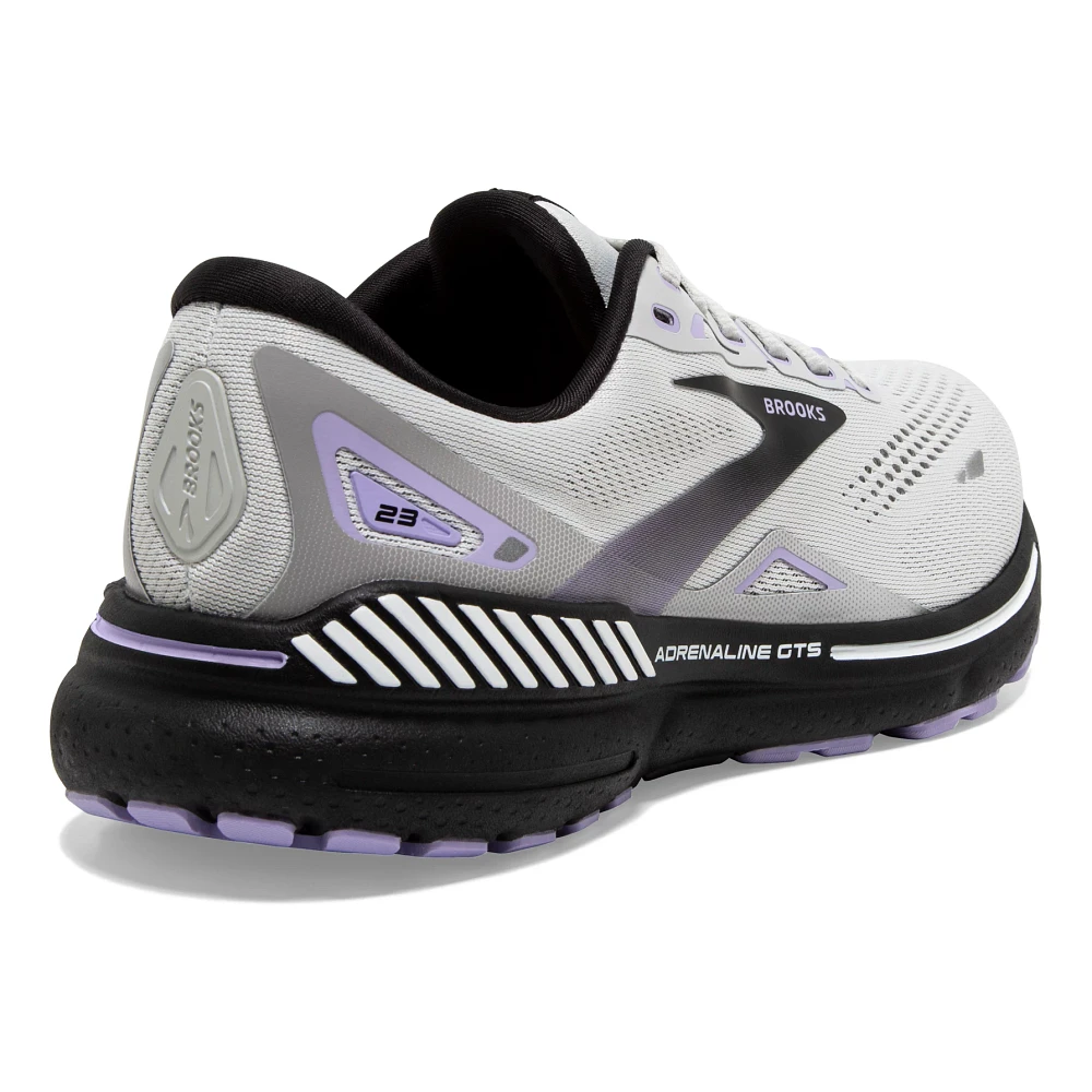 Back angle view of the Women's Adrenaline GTS 23 by Brook's in the color Grey/Black/Purple